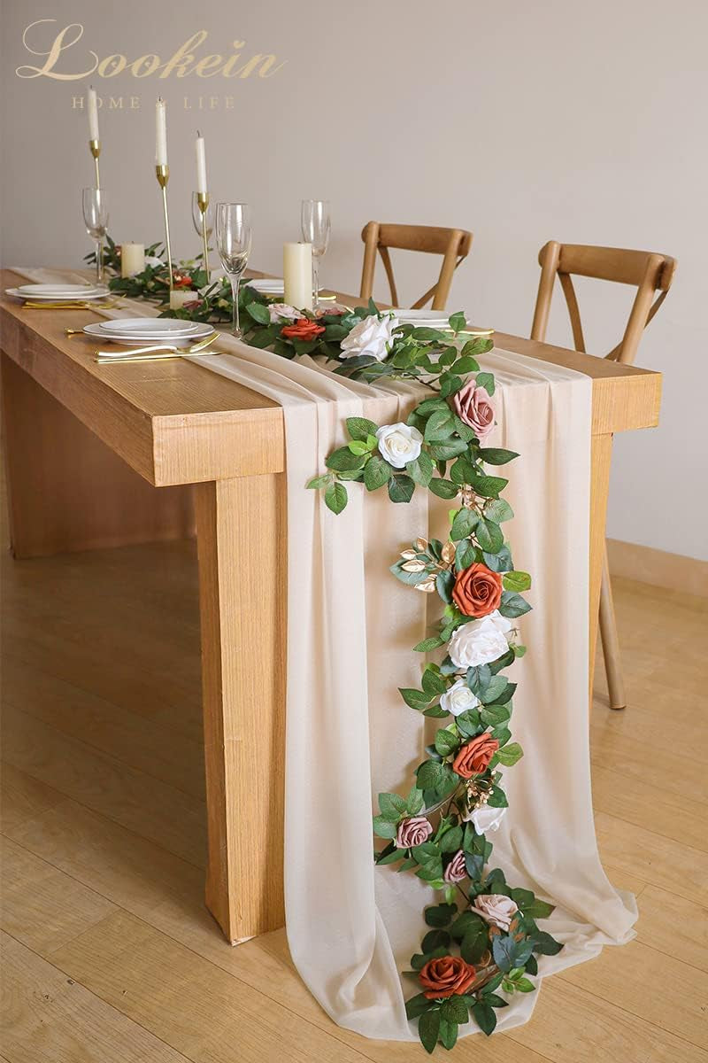 Lookein 10 Feet Champagne Chiffon Table Runner Sheer Wedding Table Cloth 29X120 Inches Rustic Wedding Decorations French Chiffon Table Runner