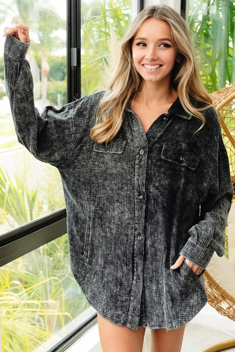 Vintage Charcoal Washed Wrinkle Gauze Shacket