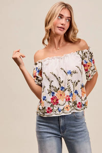 Floral Embroidered On Or Off The Shoulder Blouse-Floral embroidered blouse with on or off the shoulder styling. Feminine ruffles, colorful detailing, and soft rayon blend. A versatile wardrobe must-have.-Reef Love Boutique