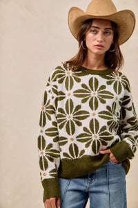 BiBi Flower Pattern Long Sleeve Sweater-Reef Love Boutique