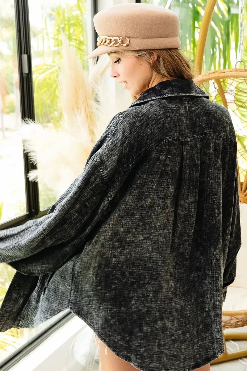 Vintage Charcoal Washed Wrinkle Gauze Shacket