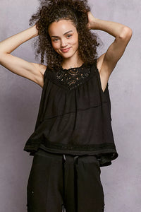 Sleeveless Top with Crochet Contrast, Black-POL-Reef Love