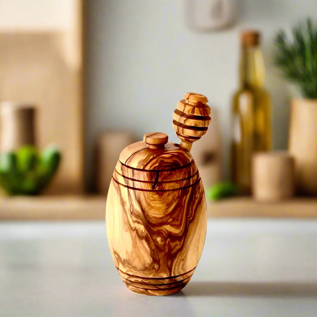 Olive wood honey pot with honey dipper
