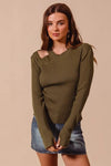 Olive Green Cut-Out Shoulder Ribbed Pullover