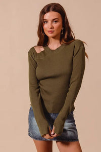Olive Green Cut-Out Shoulder Ribbed Pullover