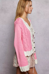 Pink Button Down Cable-Knit Cardigan-POL-Reef Love