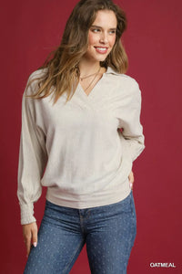 Linen Long Sleeves Elastic Hem Blouse