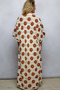 POL Open Front Floral Crochet Longline Cardigan, Chestnut-Crochet Cardigan-Reef Love