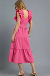 Woman wearing Hot Pink V-Neck Ruffled Cap Sleeve Midi Dress-Stunning midi dress with eye-catching ruffle shoulders and a flattering waist that accentuates your silhouette. Grest for brunch dates and garden parties.