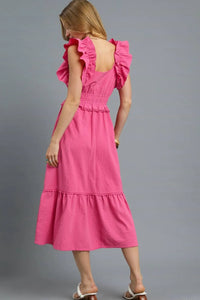 Woman wearing Hot Pink V-Neck Ruffled Cap Sleeve Midi Dress-Stunning midi dress with eye-catching ruffle shoulders and a flattering waist that accentuates your silhouette. Grest for brunch dates and garden parties.