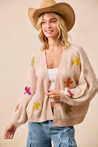 Two Tone Knit Cardigan with Leaf Patches-BiBi-Reef Love