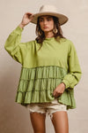 French Terry and Woven Mixed Tiered Tunic-Stay cozy and chic in our light olive French terry and woven mixed tiered tunic. With a flowy and soft texture, for everyday layering and effortless style.-Reef Love Boutique