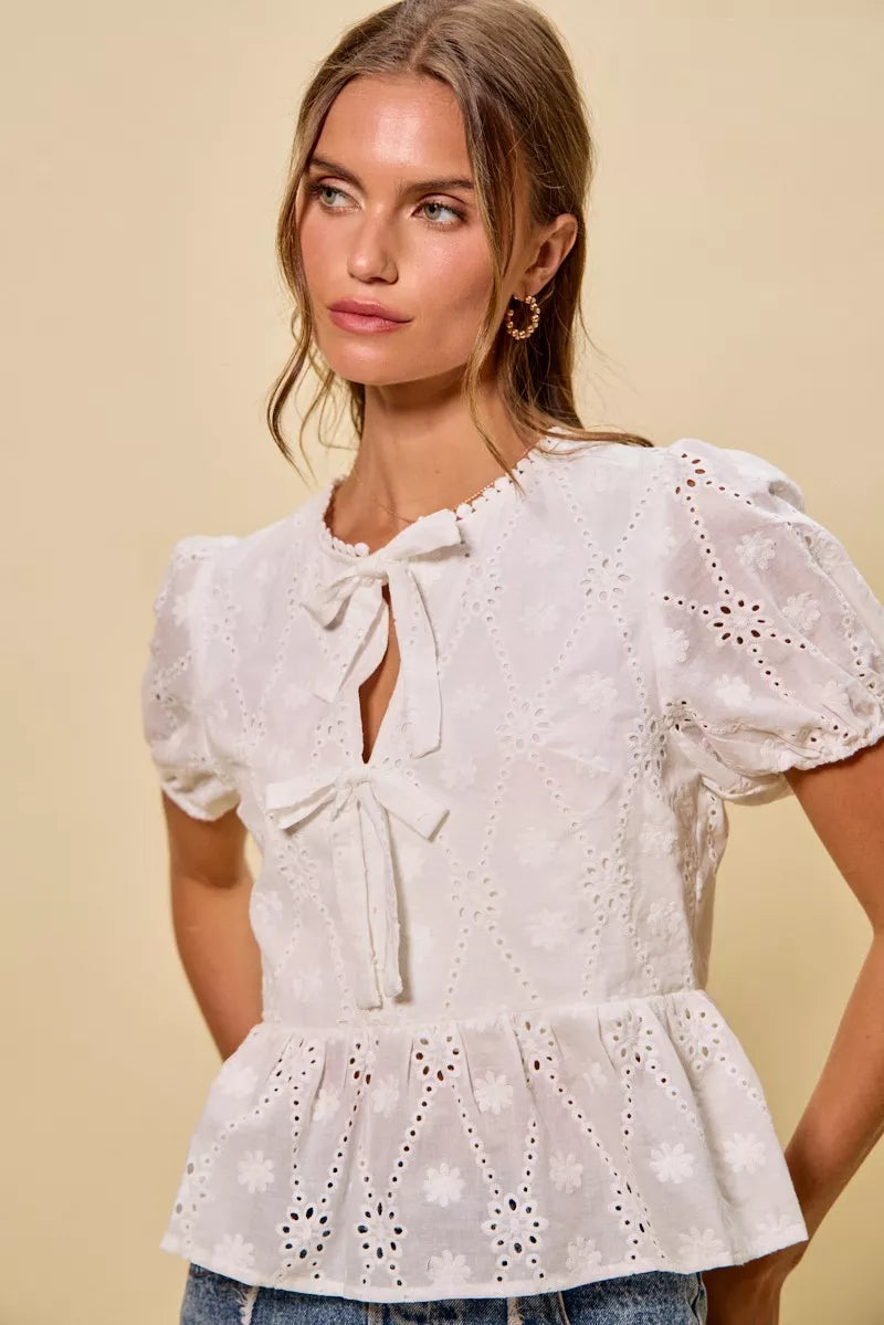 White Cotton Sunlit Eyelet Front-Tie Blouse-Reef Love