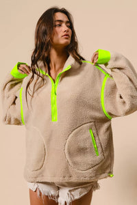 Contrast Edge Half Zip Up Sherpa Jacket