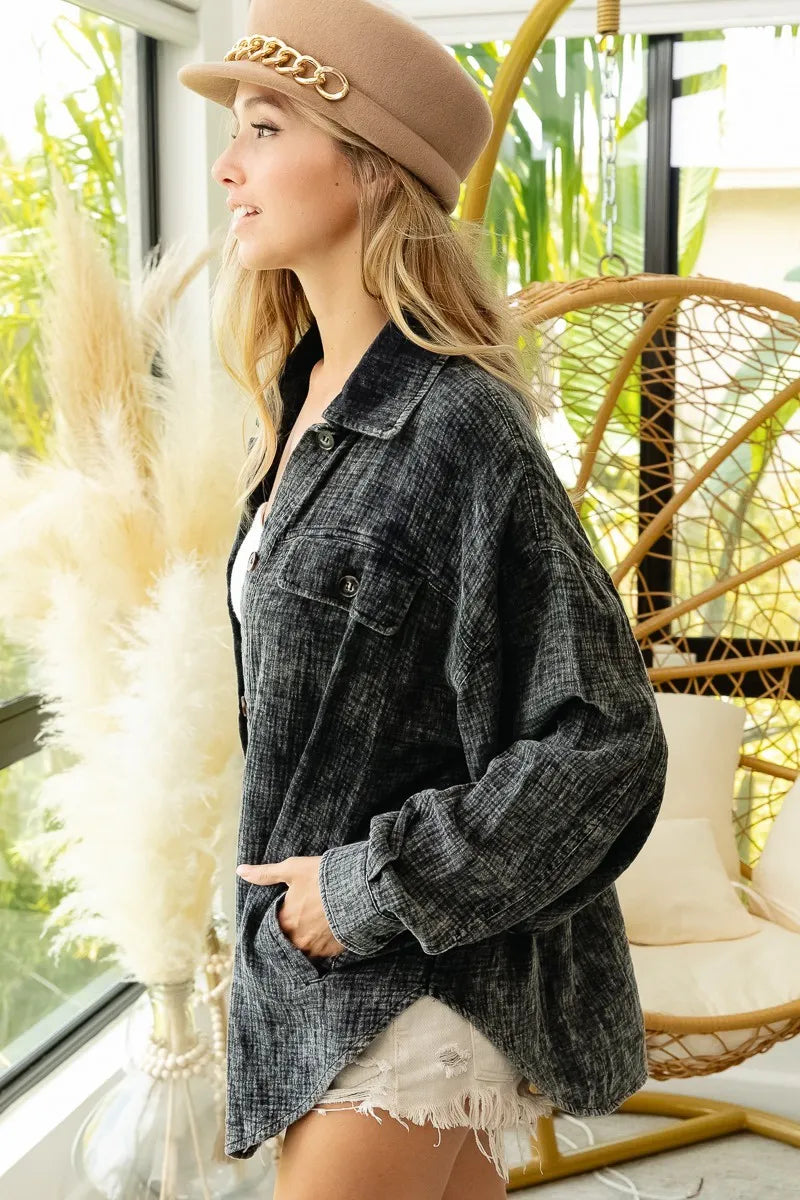 Vintage Charcoal Washed Wrinkle Gauze Shacket