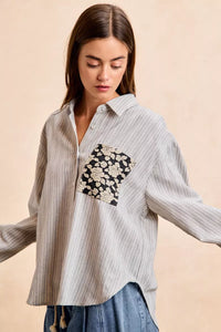 Flower Jacquard Knit Patch Pocket Stripe Shirt-BiBi-Reef Love