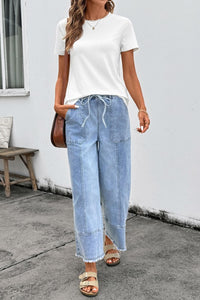 Denim Raw Hem Drawstring Wide Leg Cropped Jeans-JUNIPER BLVD-Reef Love