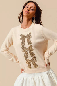 Sequins Gold Bow Embellished Christmas Sweater-Reef Love