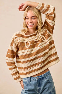 BiBi Striped Open Knit Sweater Top with Front Braided Detail-Trendsi-Reef Love
