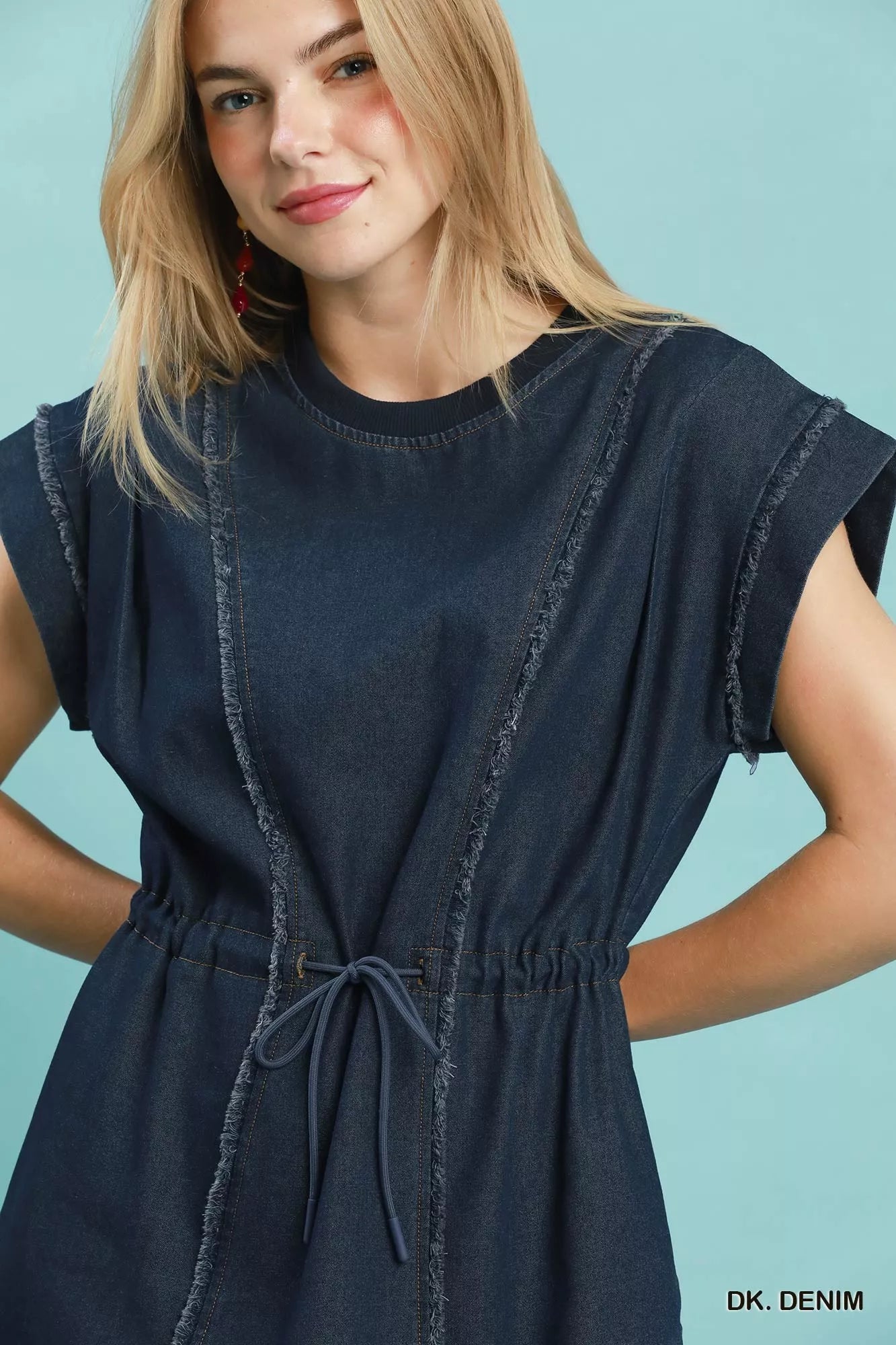 drawstring denim dress Womens Sosandar Blue Drawstring Waist Zip Front Midi Denim Dress US 14