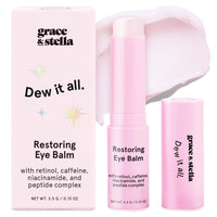 Woman wearing Grace & Stella Caffeine Under Eye Brightener Balm Stick-De-puff + brighten tired eyes with this caffeine-infused under eye balm stick. Hydrating, vegan, compact—your skincare essential on the go.