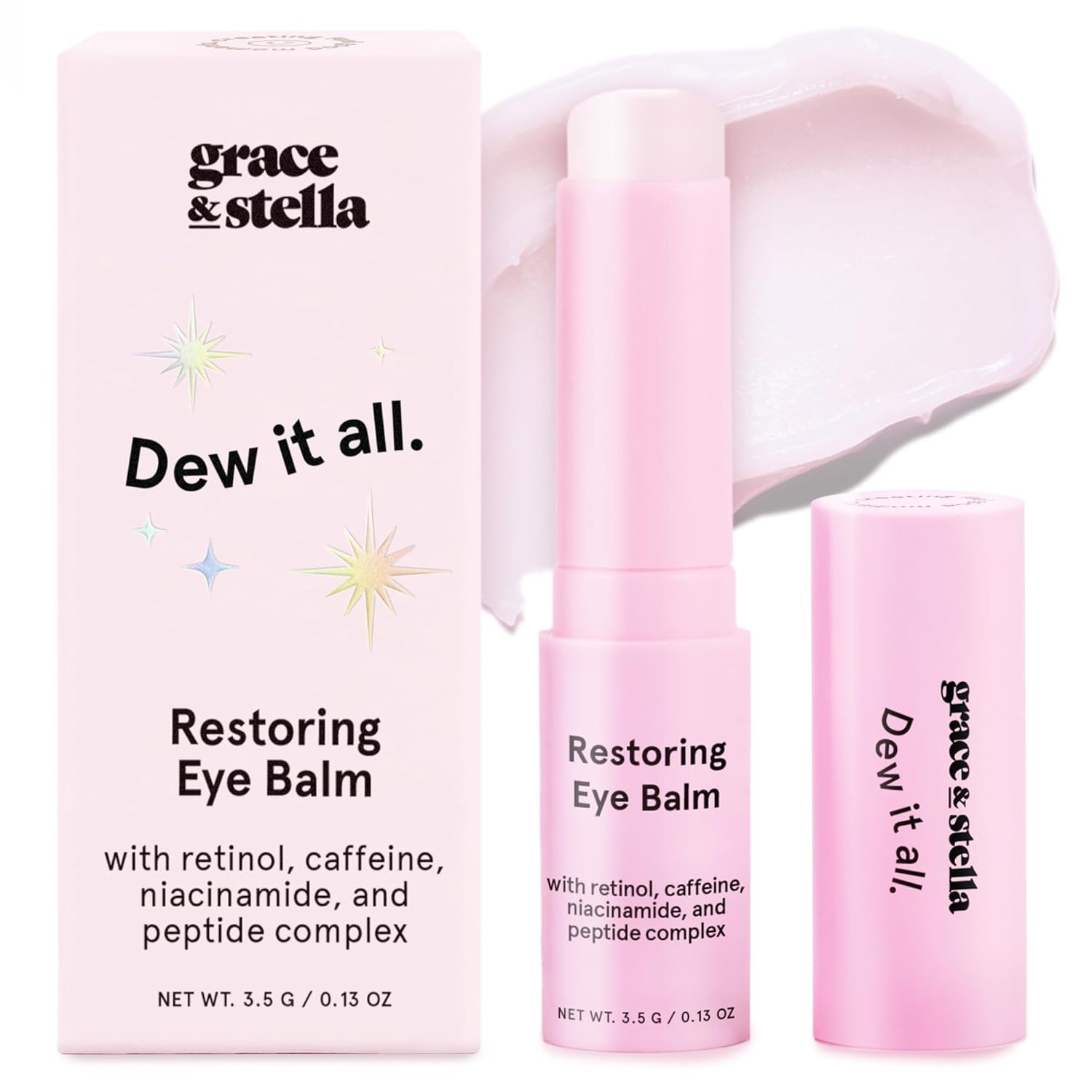 Woman wearing Grace & Stella Caffeine Under Eye Brightener Balm Stick-De-puff + brighten tired eyes with this caffeine-infused under eye balm stick. Hydrating, vegan, compact—your skincare essential on the go.