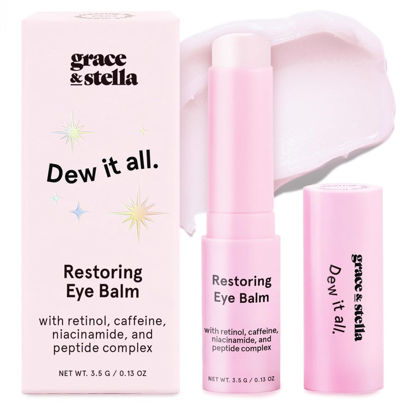 Woman wearing Grace & Stella Caffeine Under Eye Brightener Balm Stick-De-puff + brighten tired eyes with this caffeine-infused under eye balm stick. Hydrating, vegan, compact—your skincare essential on the go.