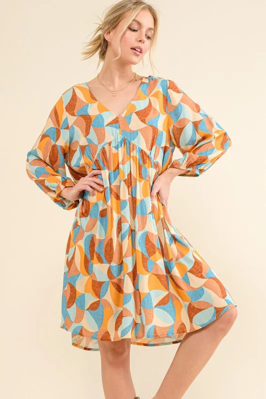 Printed Open Back Puff Sleeve Casual Dress-The printed open back puff sleeve casual dress is a trendy and playful option for a fun and stylish look. The printed design adds a pop of color to the dress.-Reef Love Boho-Chic Boutique