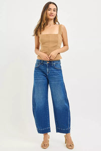 RISEN Mid Rise Crop Barrel Jeans, Dark Wash-RISEN-Reef Love