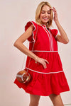 Gameday Ruffle Tier Mini Dress-Get gameday ready in this red tiered dress with contrast binding and ruffled details. A sporty-chic cotton favorite with playful details ready for football. -Reef Love Boutique
