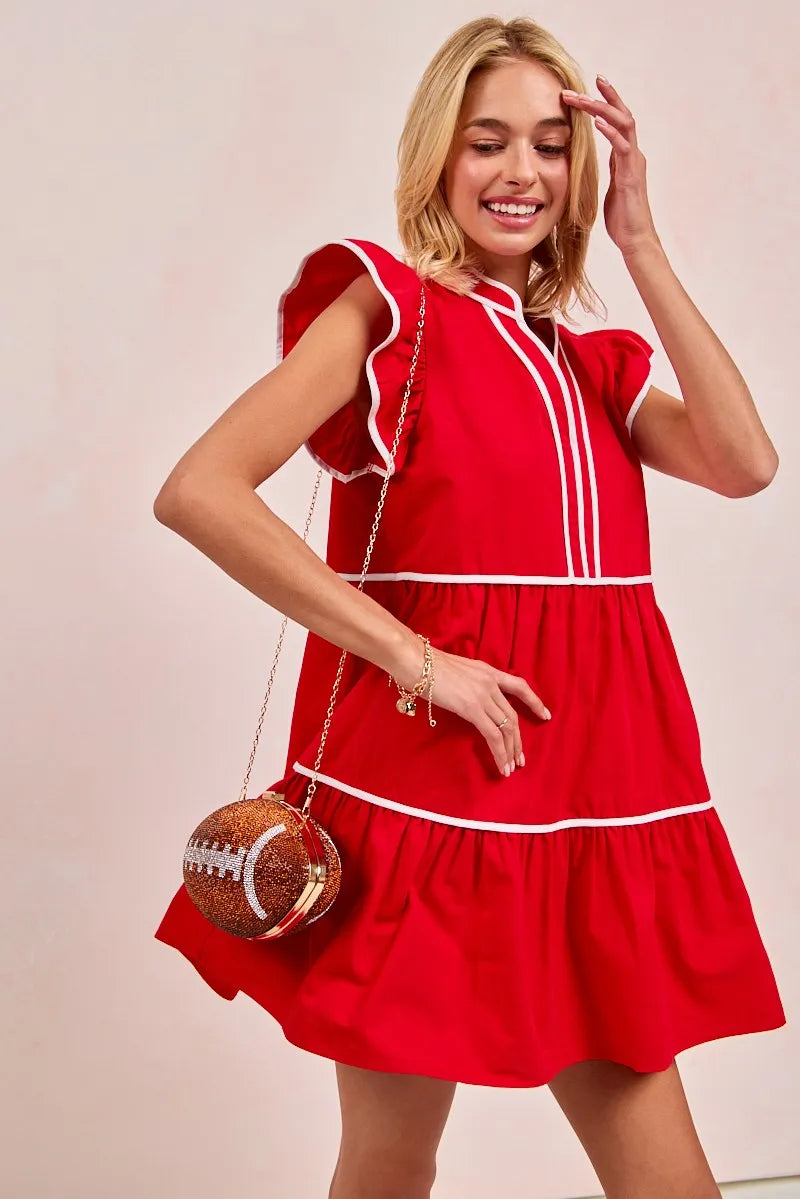 Gameday Ruffle Tier Mini Dress-Get gameday ready in this red tiered dress with contrast binding and ruffled details. A sporty-chic cotton favorite with playful details ready for football. -Reef Love Boutique