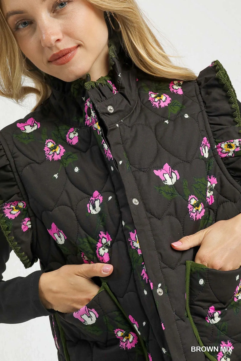 Quilted Floral Snap Down Vest
