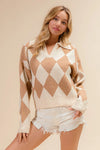 Shop Diamond Pattern Collared Notch Neck Sweater-Chic and cozy, the Diamond Pattern Collared Notch Neck Sweater, classic argyle design, soft knit fabric, timeless polo collar. Effortless everyday elegance.-Reef Love Boho-Chic Boutique