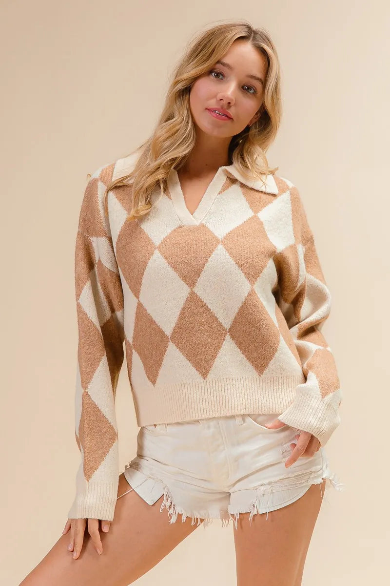 Shop Diamond Pattern Collared Notch Neck Sweater-Chic and cozy, the Diamond Pattern Collared Notch Neck Sweater, classic argyle design, soft knit fabric, timeless polo collar. Effortless everyday elegance.-Reef Love Boho-Chic Boutique