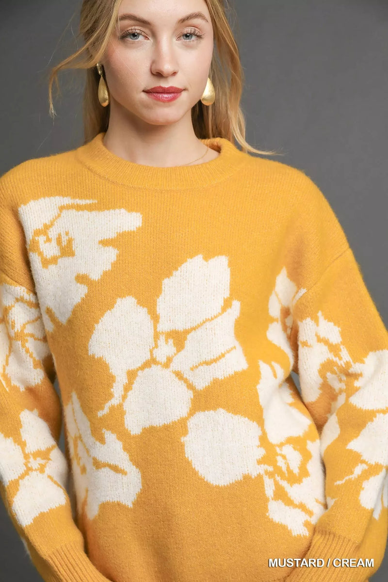 Floral Oversized Long Sleeve Sweater, Mustard