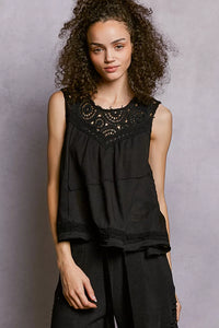 Sleeveless Top with Crochet Contrast, Black-POL-Reef Love