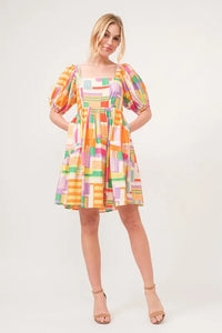 Square Neck Puff Sleeve Geo Printed Mini Dress-The square neck puff sleeve geo printed mini dress is a fashionable and eye-catching choice for a stylish ensemble. The square neckline adds a modern and chic touch-Reef Love Boho-Chic Boutique