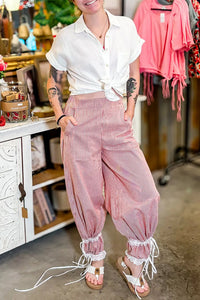 Red Stripe Contrast Lace Ribbon Tie Detail Wide Leg Pants-Bottoms/Pants & Culotte-Reef Love