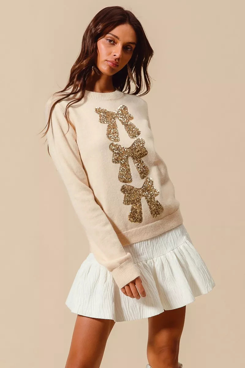 Sequins Gold Bow Embellished Christmas Sweater-Reef Love