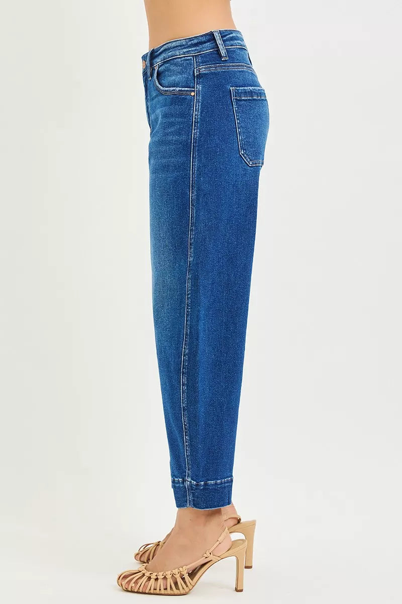 RISEN Mid Rise Crop Barrel Jeans, Dark Wash-RISEN-Reef Love