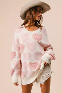 Heart Pattern Sweater with Pearl Detail-BiBi-Reef Love