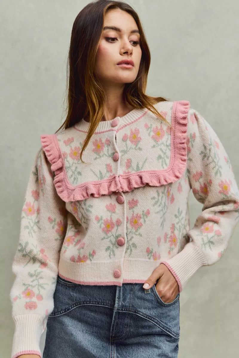 Flower With Ruffle Detailing Sweater Cardigan-So Me-Reef Love