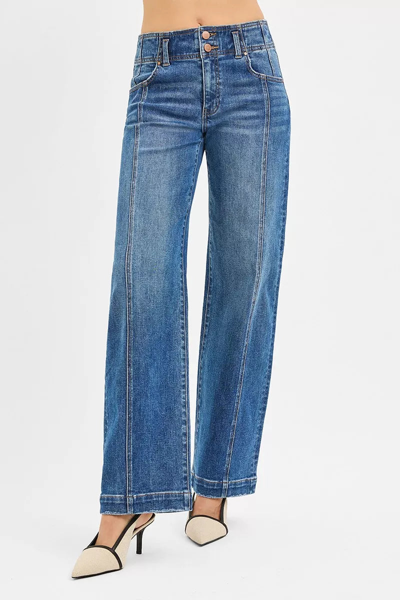 RISEN Mid Rise Fit Wide Baggy Front Seam Jeans