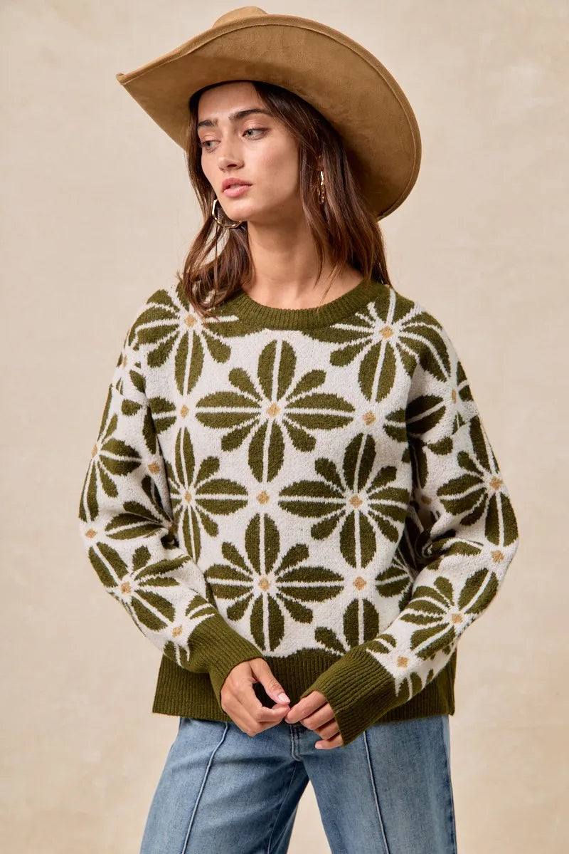 BiBi Flower Pattern Long Sleeve Sweater-Reef Love Boutique