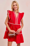 Gameday Ruffle Tier Mini Dress-Get gameday ready in this red tiered dress with contrast binding and ruffled details. A sporty-chic cotton favorite with playful details ready for football. -Reef Love Boutique