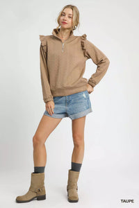 Cable Knit Textured Pullover with Ruffle Shoulders, Taupe-Reef Love
