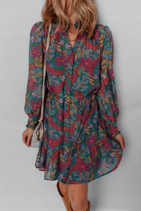 Floral Frilled V-Neck Puff Sleeve Ruffle Shirt Dress-JUNIPER BLVD-Reef Love