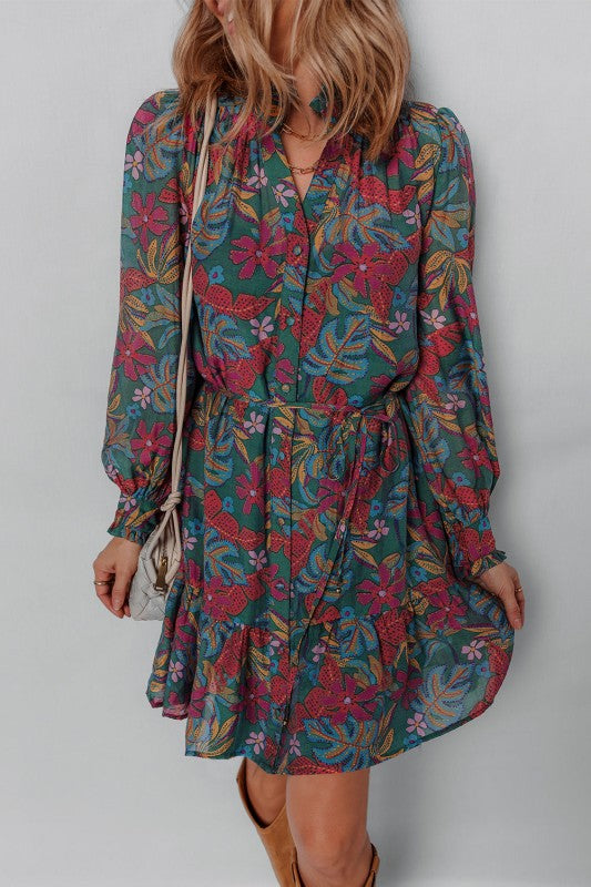 Floral Frilled V-Neck Puff Sleeve Ruffle Shirt Dress-JUNIPER BLVD-Reef Love