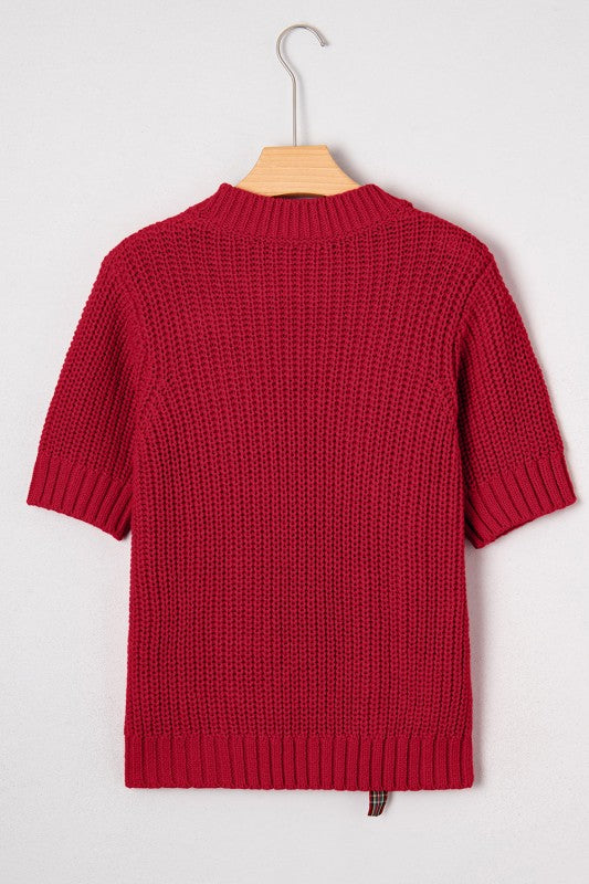 Christmas Plaid Ribbon Short Sleeve Sweater-Reef Love