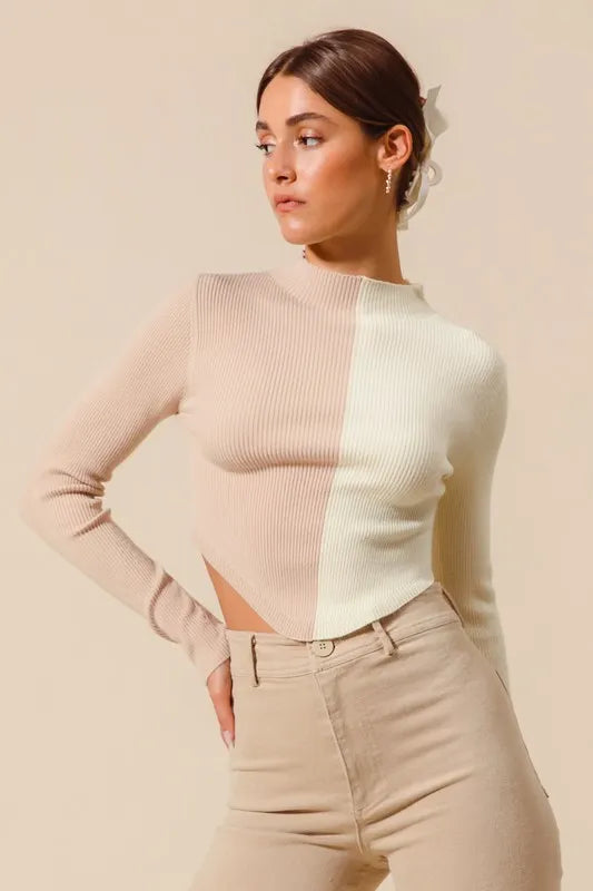Taupe Color Block Fitted Crop Sweater